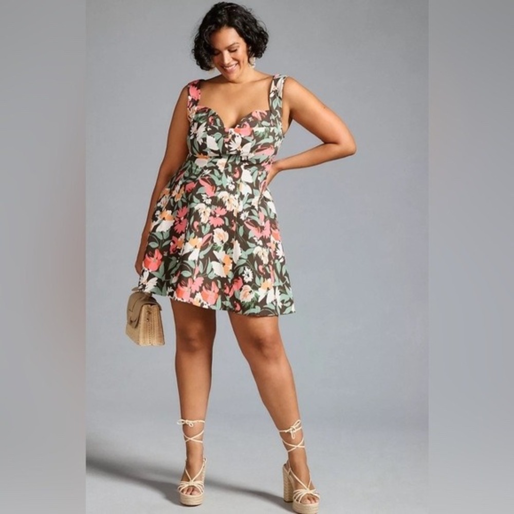 Anthropologie Sweetheart Floral Mini Dress Black Multi XL OB1660321 Plus Size